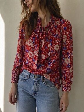 Stella Jean Red Floral Tie Neck Blouse IT 40 Small Parisian Indie Romantic
